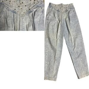 Vtg 80s Rio Western Glam Embellished High Rise Elastic Waist Tapered Leg Jeans